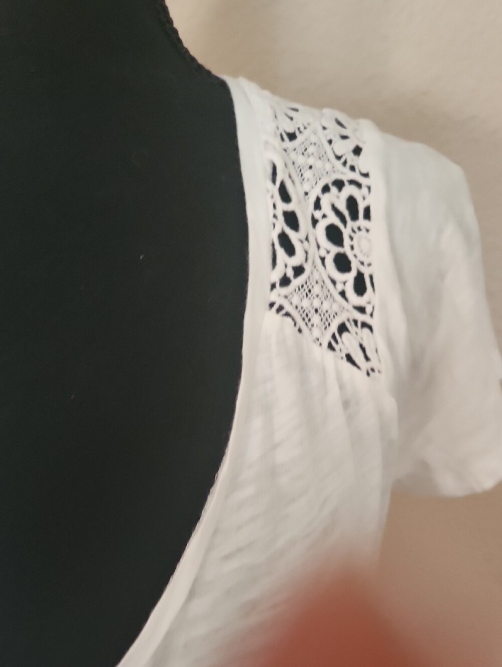 Lucky Brand White V-Neck Short Sleeve Tee with Lace Shoulder Insets - Picture 3 of 5